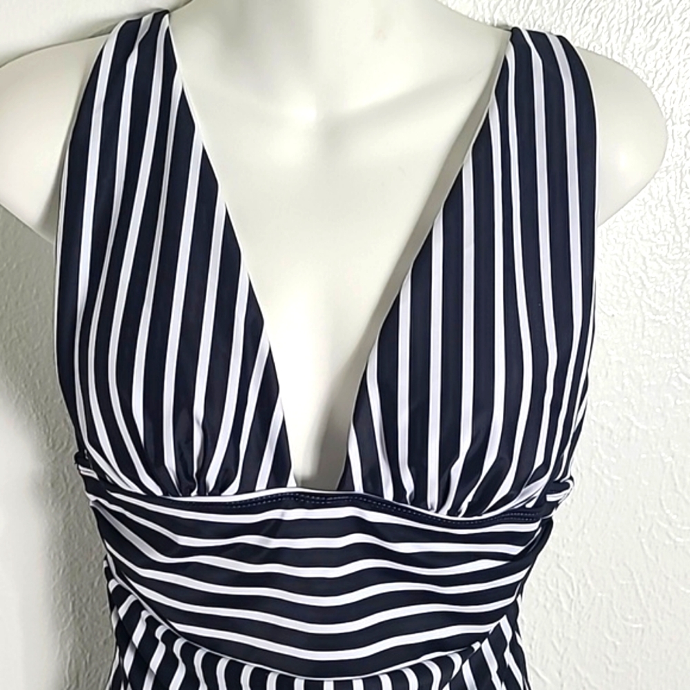 Navy Blue & White Stripe One Piece Swimsuit with Ruching, Size XL, NWOT - Picture 3 of 8